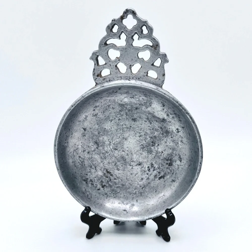 Vintage‎ Sweden Pewter Bowl Porringer Dish Ornate Handle Scandinavian Colonial